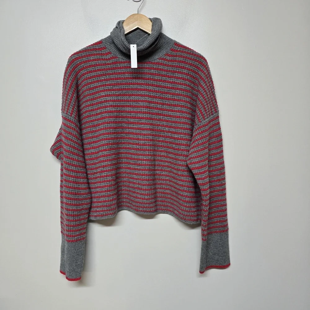NWT‎ Madewell Red Pine Stripe 100% Wool Waffle Turtleneck Sweater Size XL